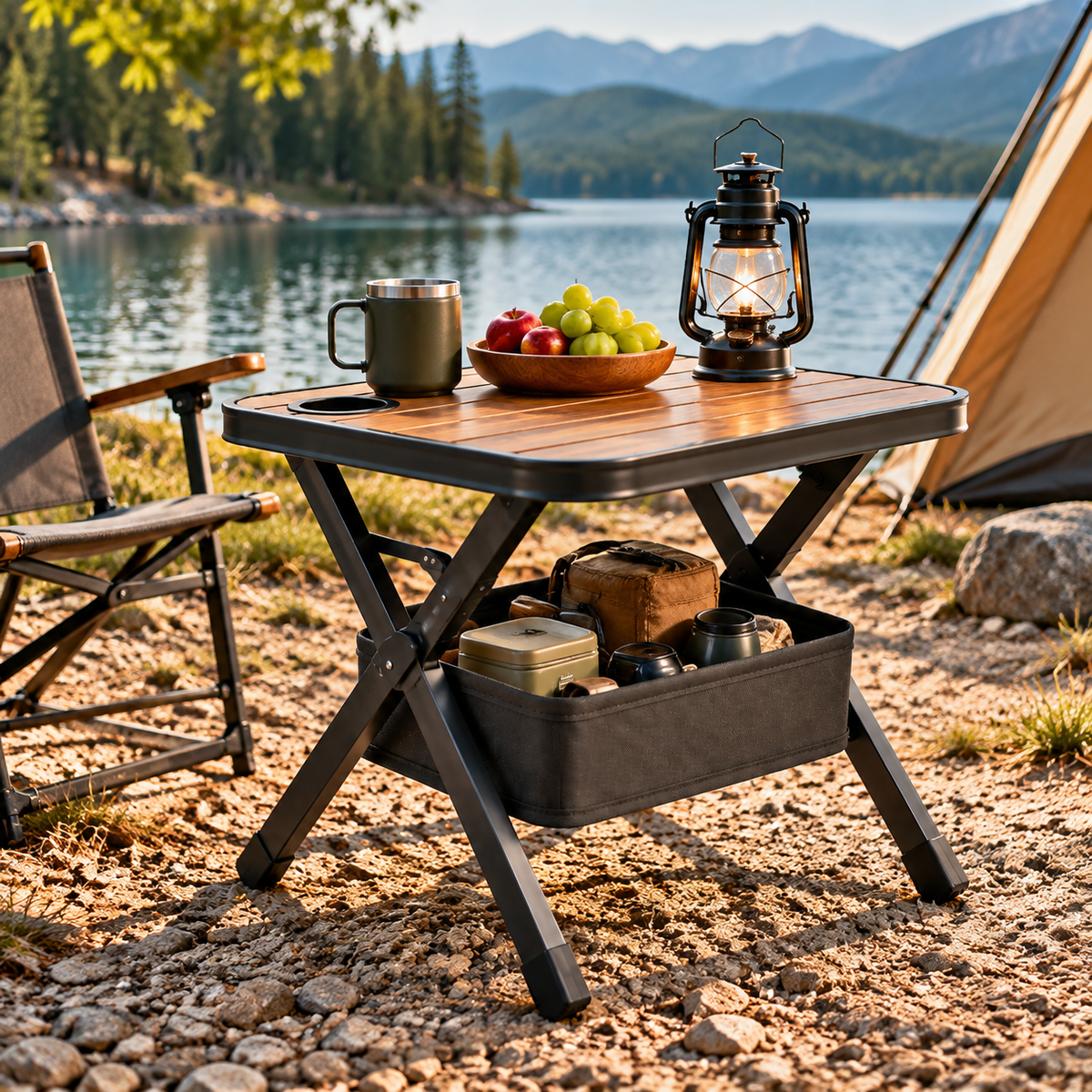 FoldNest Premium Portable Folding Camping Table With Storage Basket