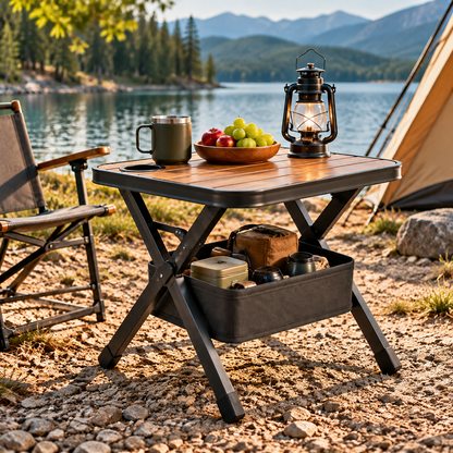 FoldNest Premium Portable Folding Camping Table With Storage Basket