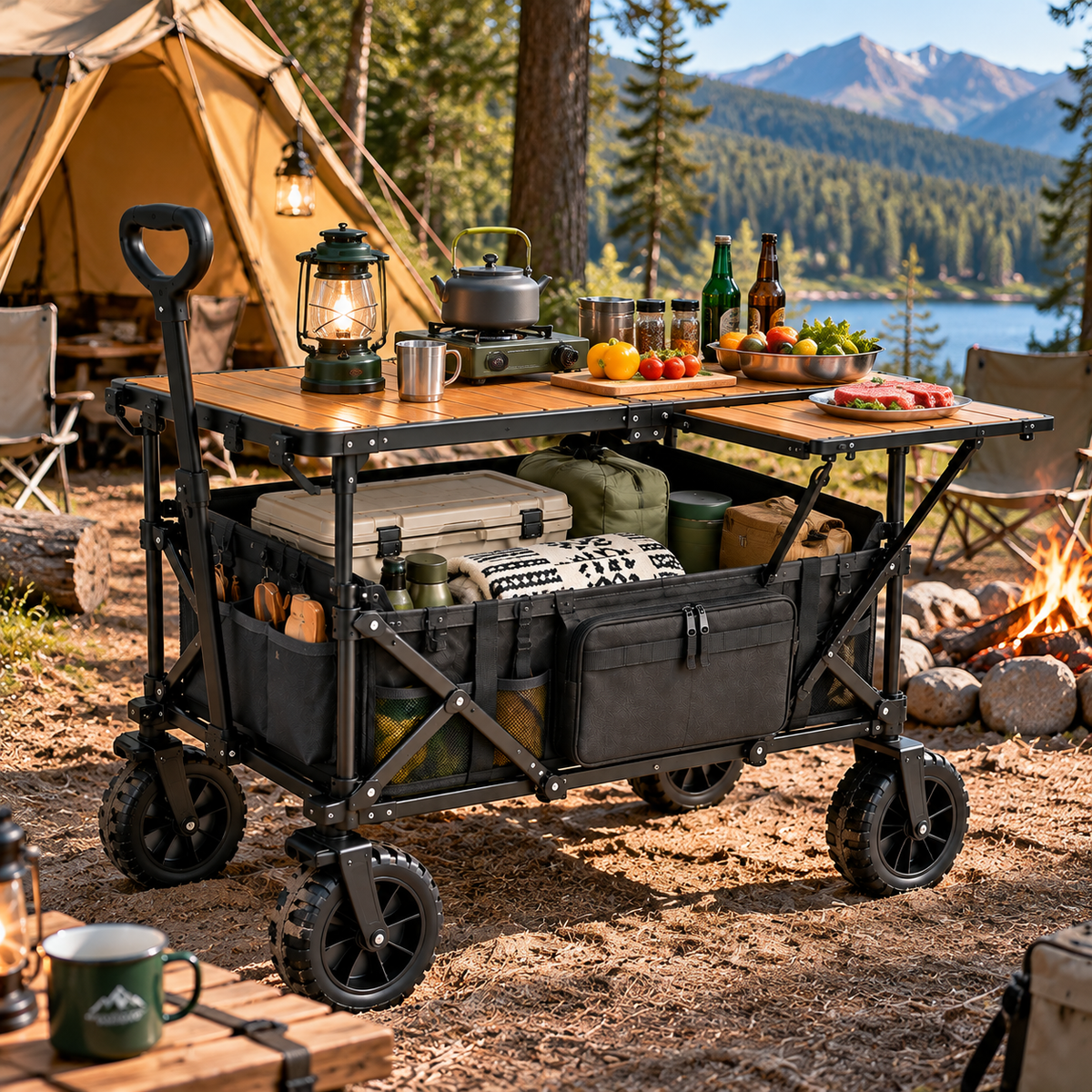 CampVault Premium Folding Outdoor Utility Cart Table With Storage