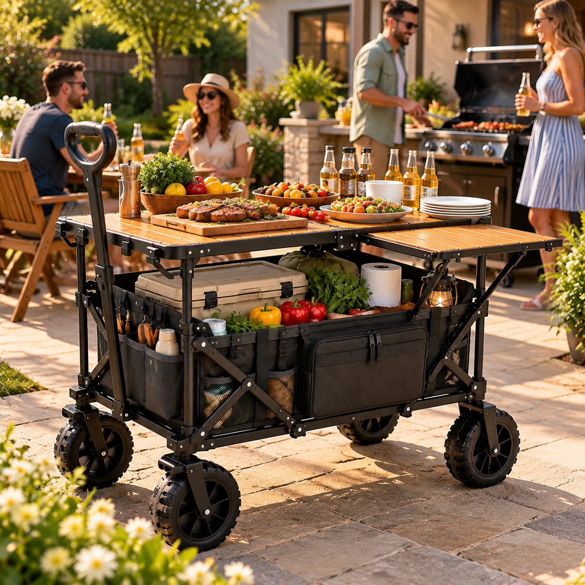 CampVault Premium Folding Outdoor Utility Cart Table With Storage