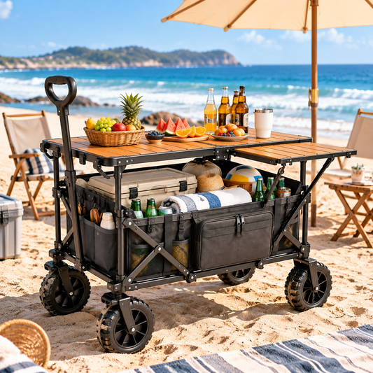 CampVault Premium Folding Outdoor Utility Cart Table With Storage