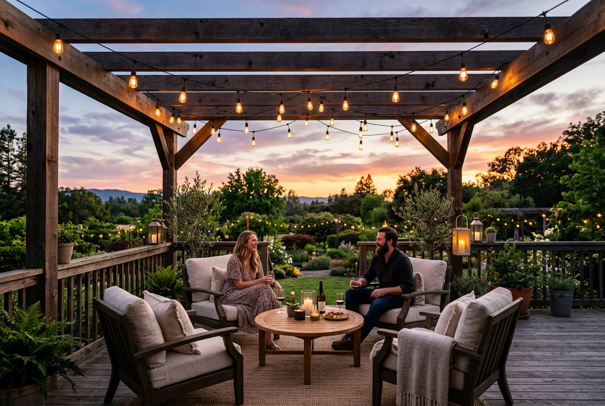 LumiGlow Solar String Lights draped over wooden pergola lounge area at sunset