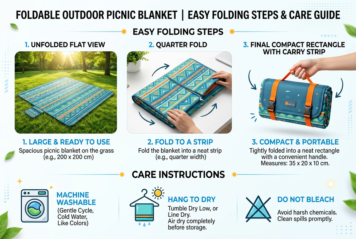 Folding steps guide and care instructions infographic