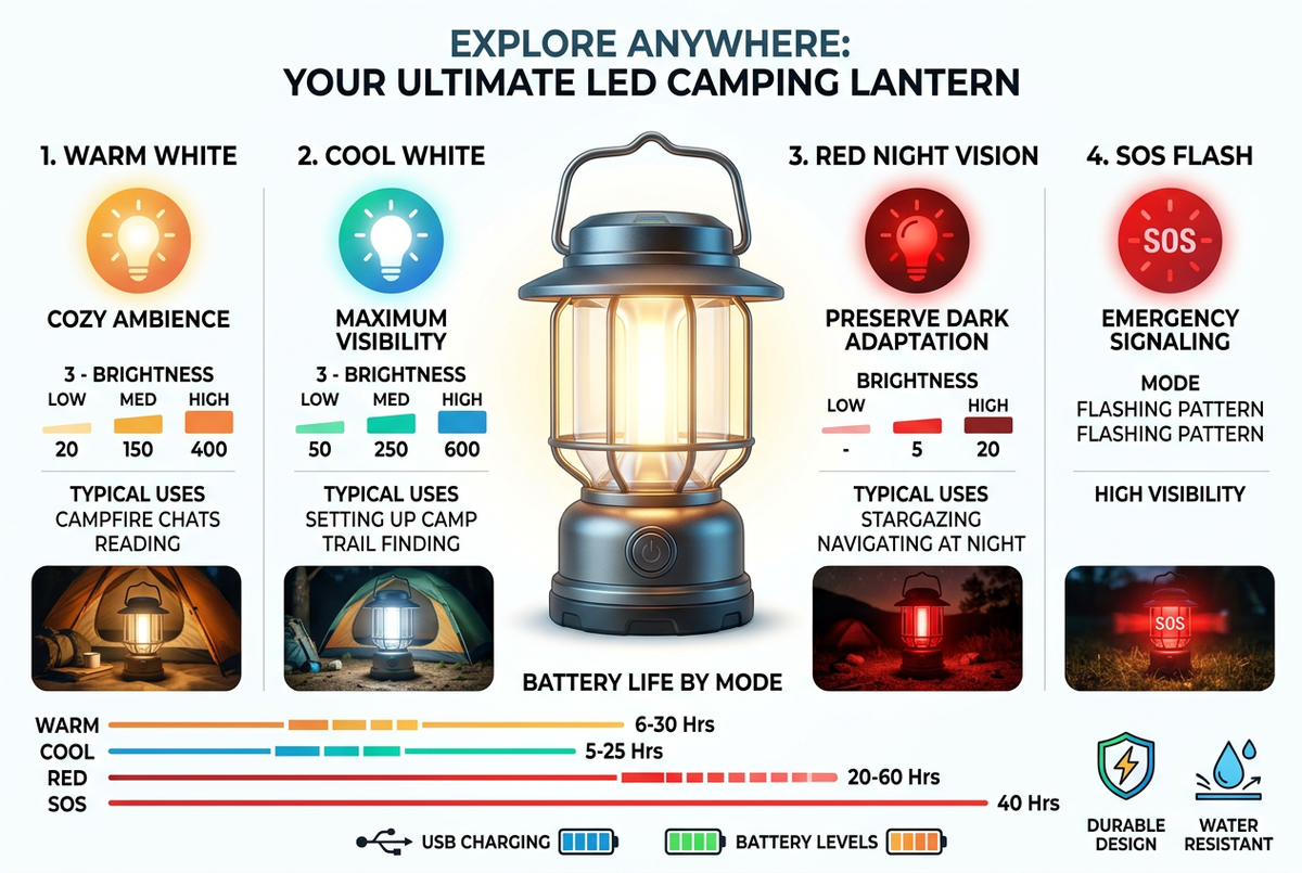 4 lighting modes comparison infographic and battery life chart per mode