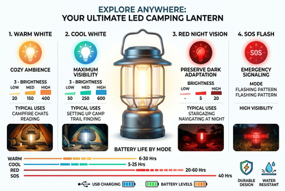 4 lighting modes comparison infographic and battery life chart per mode
