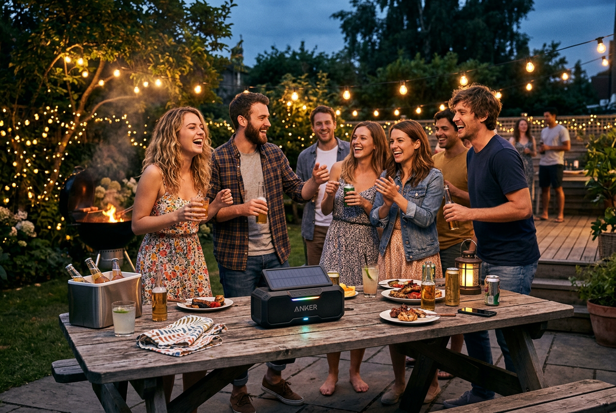 Friends at backyard BBQ party around bluetooth speaker