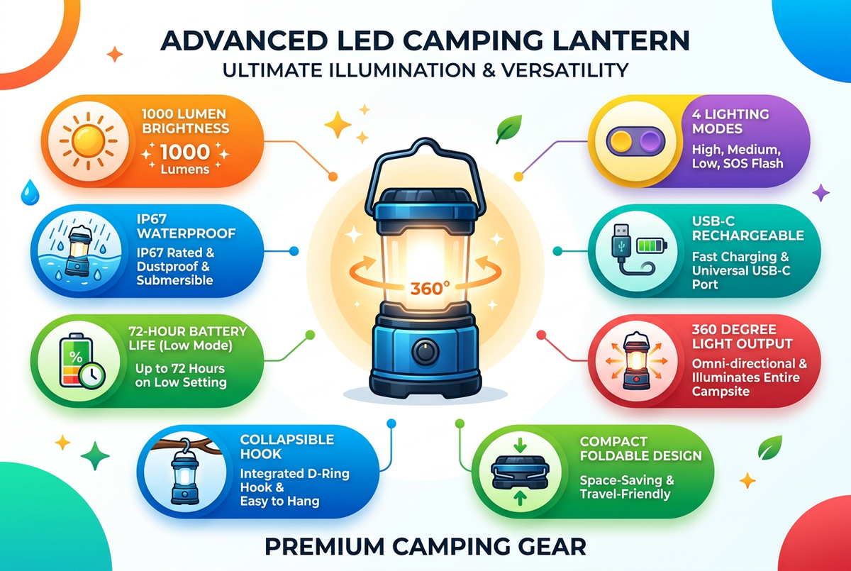 Features infographic - 1000 lumens, IP67, 72hr battery, 4 modes, USB-C, 360 glow