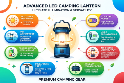 Features infographic - 1000 lumens, IP67, 72hr battery, 4 modes, USB-C, 360 glow