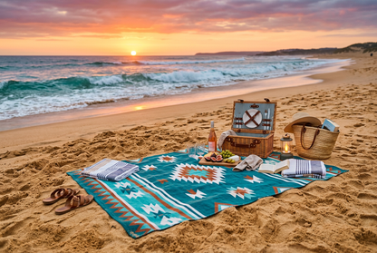 TrailNest blanket on golden sandy beach at sunset with ocean background