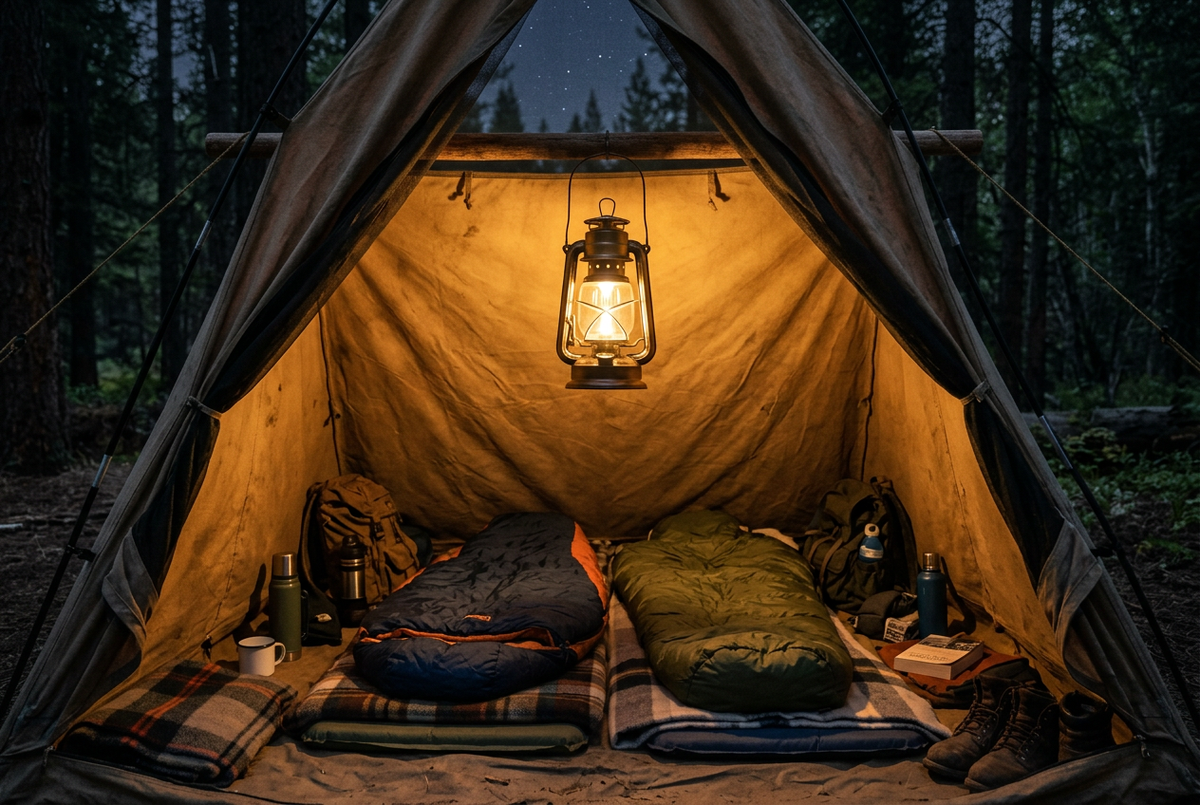 LunaGlow lantern hanging inside canvas tent at night with warm golden glow