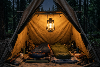 LunaGlow lantern hanging inside canvas tent at night with warm golden glow