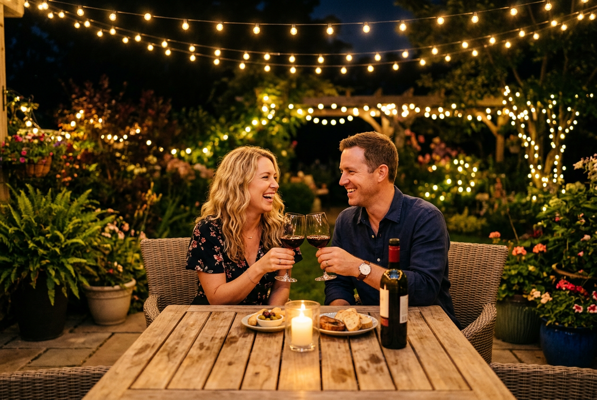 Couple enjoying romantic outdoor patio under glowing solar string lights at night