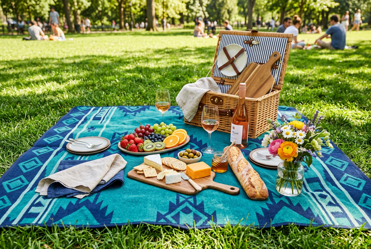 TrailNest blanket spread on park grass with full picnic setup aerial view