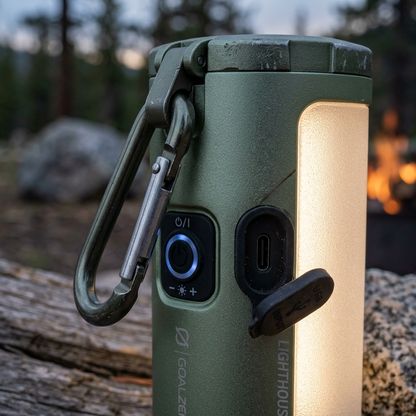 Close-up detail of frosted diffuser, USB-C port, hook and power button