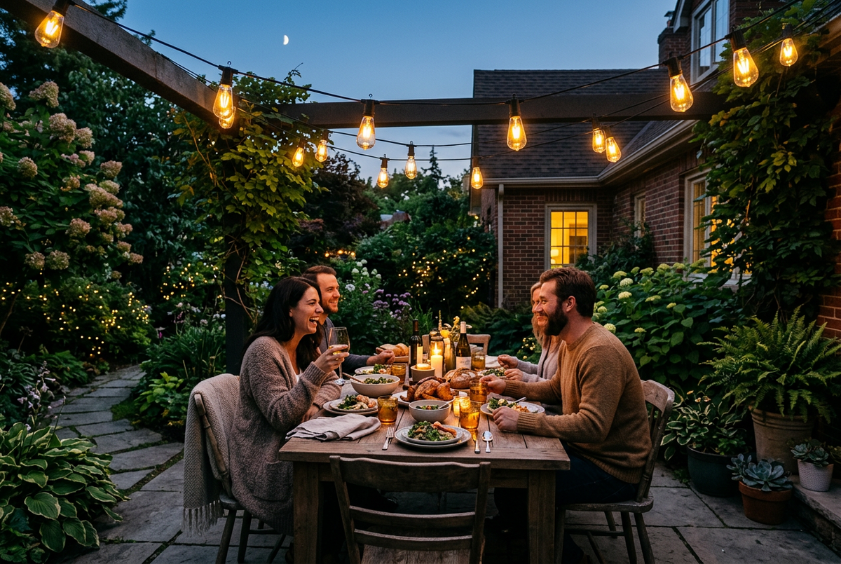 LumiGlow Solar String Lights over outdoor patio dining scene at dusk