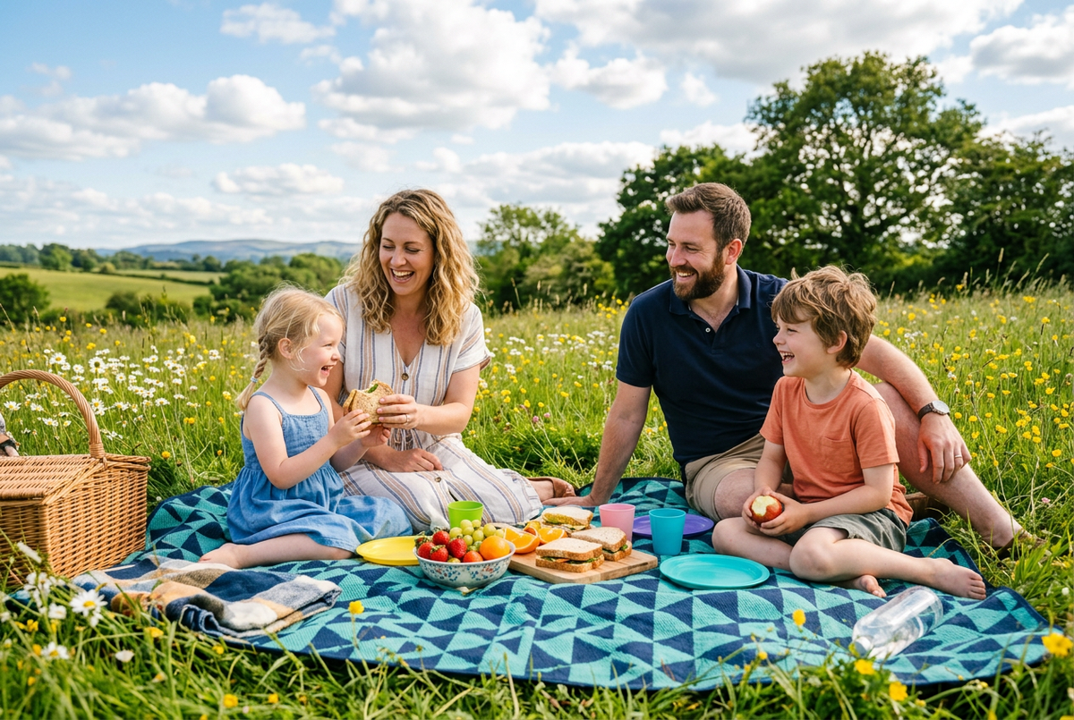 Happy family having picnic together on large teal blanket in sunny meadow
