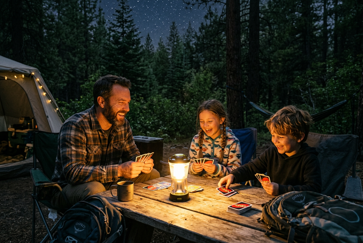 Family playing cards around campsite table lit by LunaGlow lantern at night