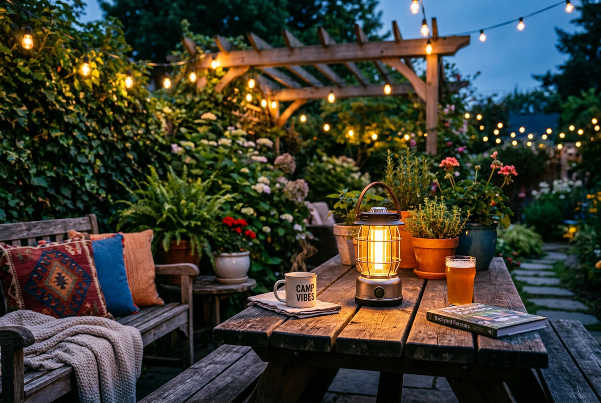 LunaGlow lantern on picnic table in backyard garden at dusk