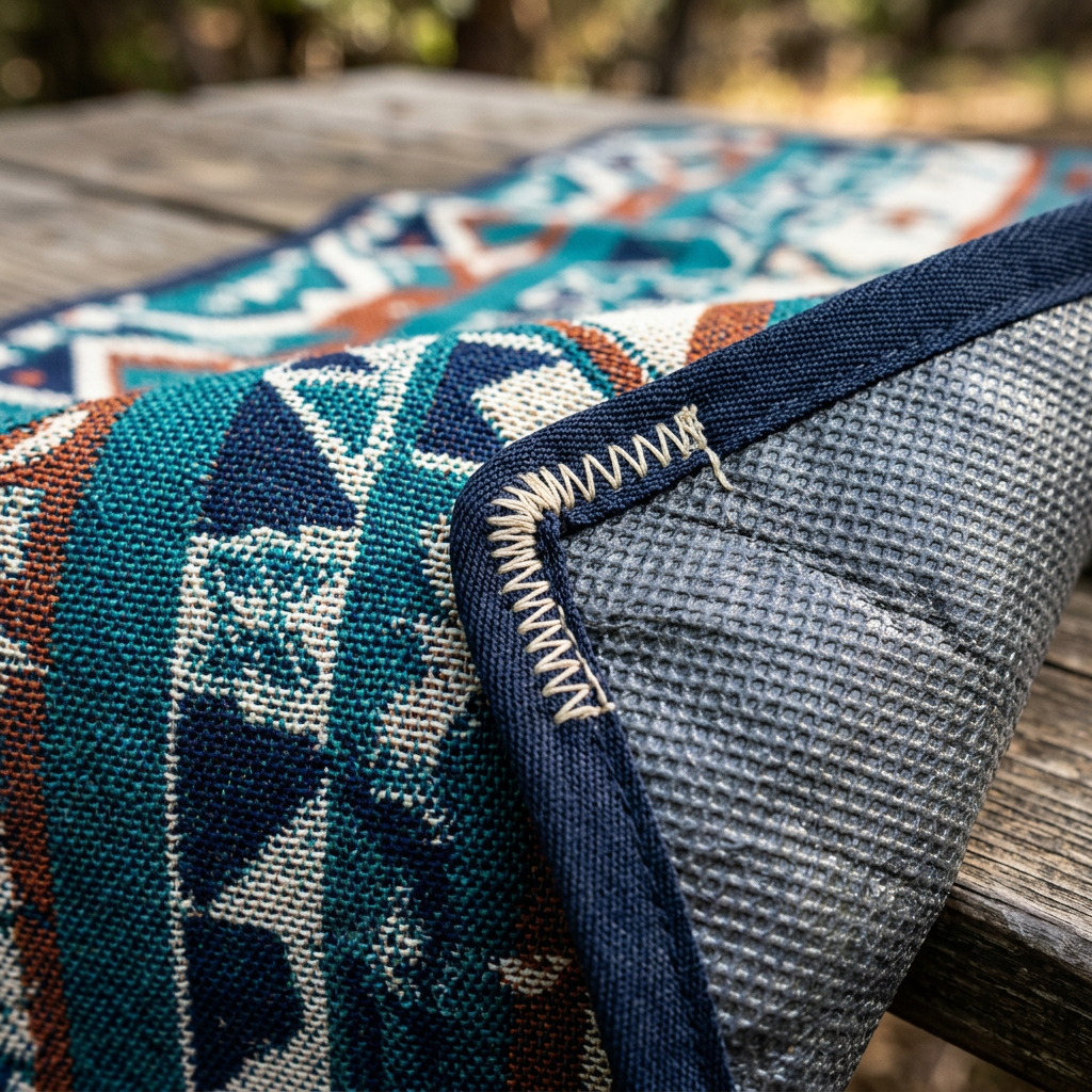 Close-up detail of teal geometric fabric weave and waterproof PEVA backing