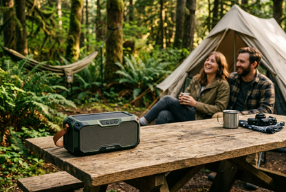 SoundWave Pro speaker on picnic table at forest campsite