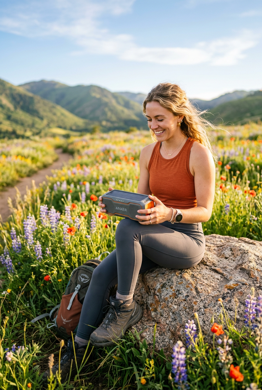 Woman on boulder in meadow using outdoor solar bluetooth speaker