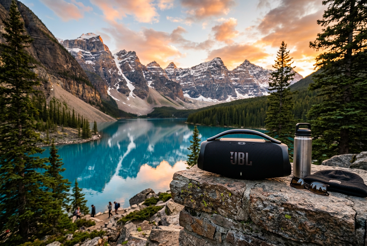 SoundWave Pro speaker on mountain lake stone ledge at golden hour