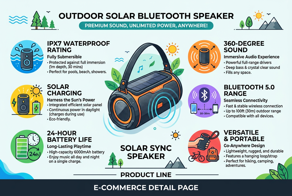 Features infographic - IPX7, 360 sound, solar, 24hr battery, Bluetooth 5.0