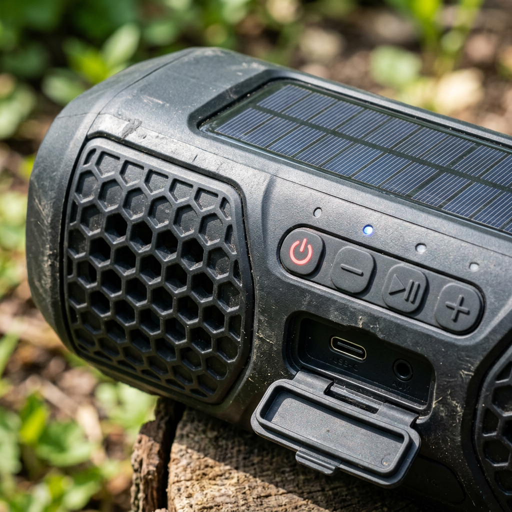 Close-up detail of speaker grille, solar panel and control buttons
