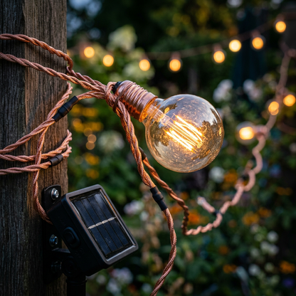 Close-up detail of warm Edison globe LED bulb and copper wire