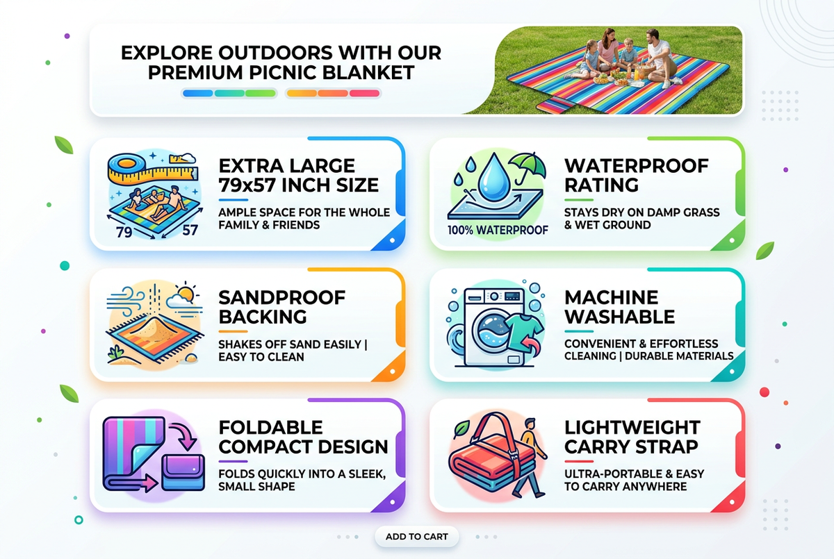 Features infographic - size, waterproof, sandproof, washable, foldable