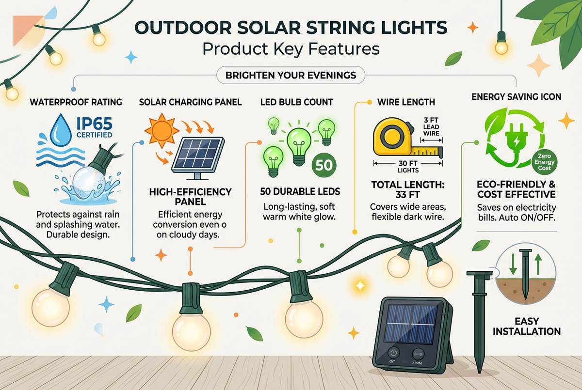 Product features infographic - waterproof, solar, LED specifications
