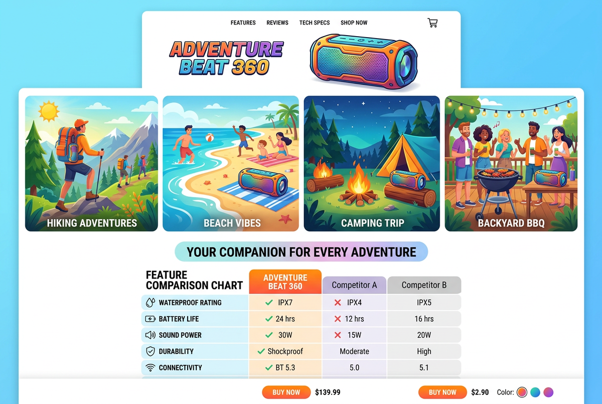 Usage scenarios infographic - hiking, beach, camping, BBQ