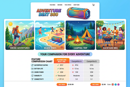 Usage scenarios infographic - hiking, beach, camping, BBQ